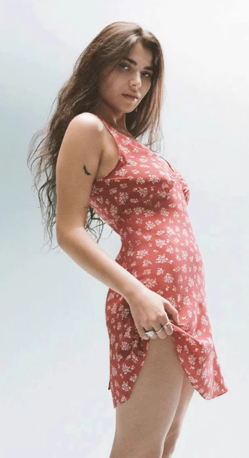 Dress short niche retro saffron V-neck sleeveless backless suspender long dress R2904