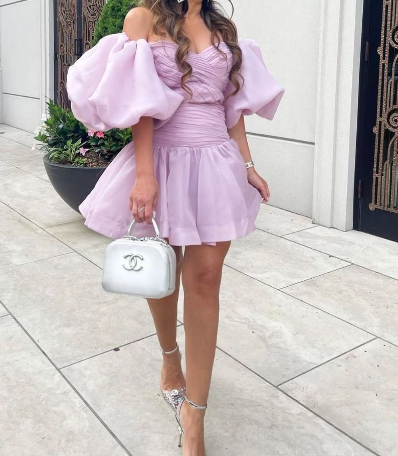 Lilac A-Line Strapless Puff Sleeves Bodycon Mini Party Dress Homecoming Dress RS376