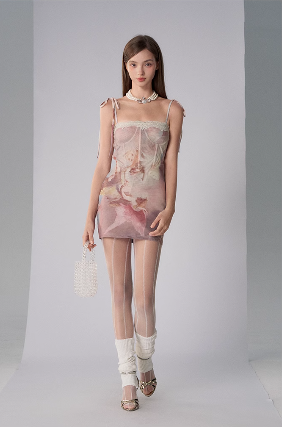 Lace fishbone print dress summer lace patchwork waist bag hip skirt R3334