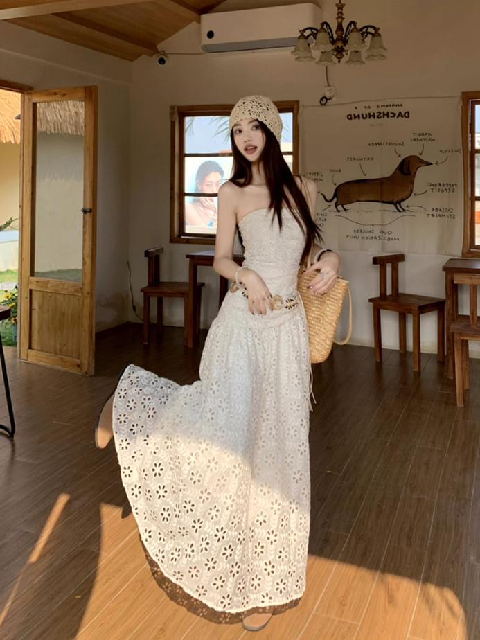 Gentle white moonlight dress hollow embroidery unique waist skirt wear tube top skirt R1704