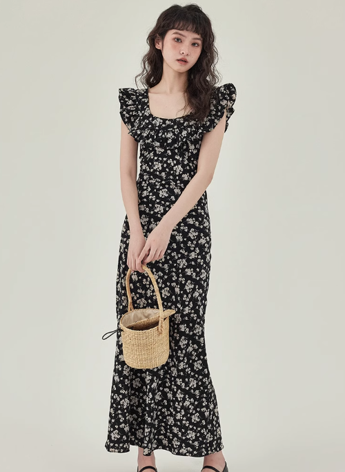 Small flying sleeves tall dress 2025 new temperament floral long dress R2384