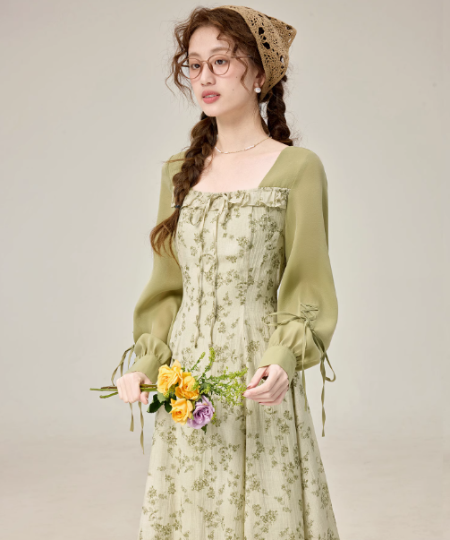 Spring new temperament green floral dress travel holiday dress R1924