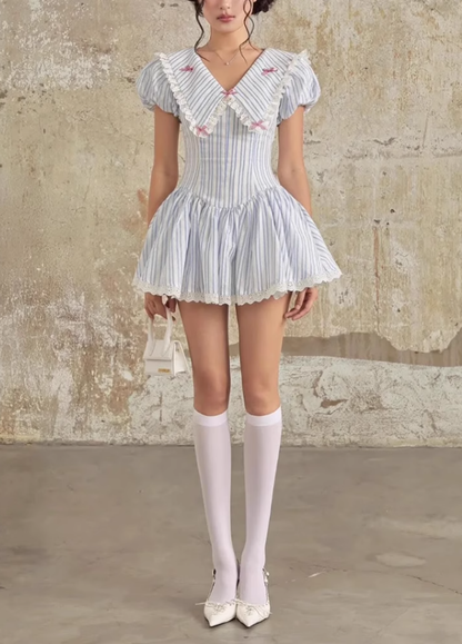 Sweet and spicy baby doll collar puff sleeve striped dress 2025 pure desire waist A-line skirt R1281