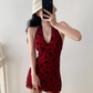 French hottie V-neck wine red print halter dress sexy dress R2853