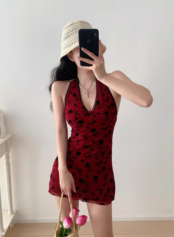 French hottie V-neck wine red print halter dress sexy dress R2853