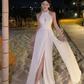 French halter neck slit satin dress backless sexy dress banquet temperament long dress R1617