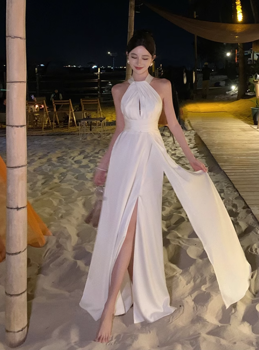 French halter neck slit satin dress backless sexy dress banquet temperament long dress R1617