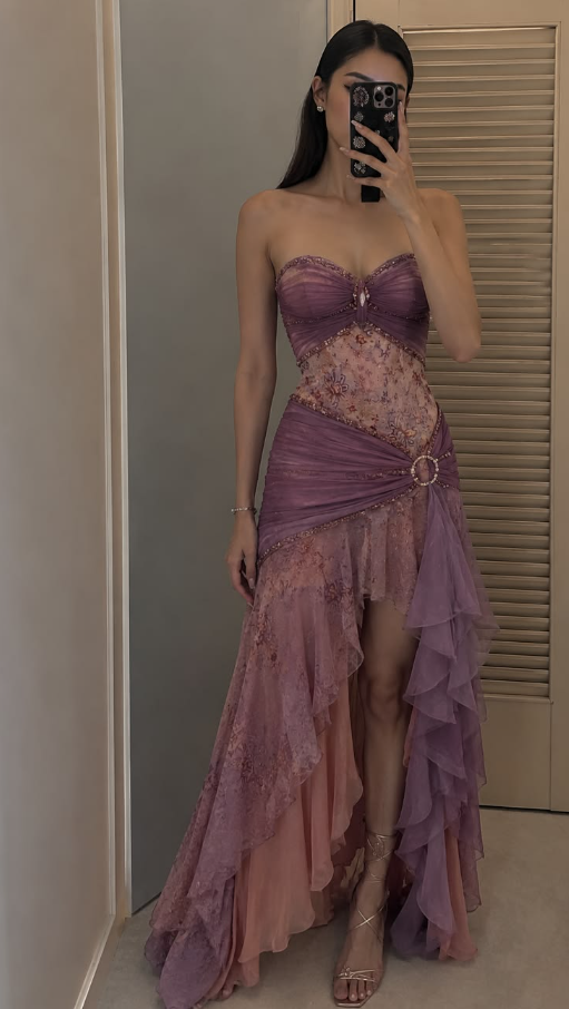 Elegant Purple Spliced A-Line Strapless Babycon Maxi Prom Dress Party Dress RS379