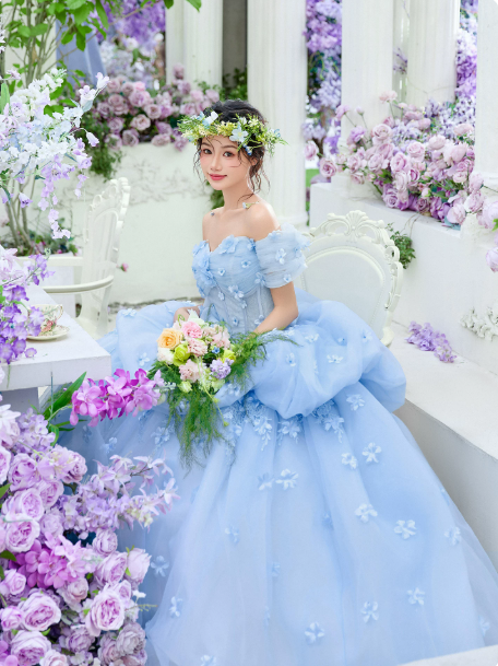 Dreamy Pale Blue A-Line Strapless Applique Corset Maxi Birthday Dress Evening Dress RS381