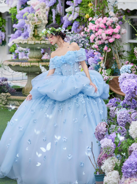 Dreamy Pale Blue A-Line Strapless Applique Corset Maxi Birthday Dress Evening Dress RS381