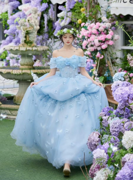 Dreamy Pale Blue A-Line Strapless Applique Corset Maxi Birthday Dress Evening Dress RS381