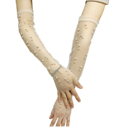 Wedding Long Tulle Pearl Bridal Gloves Lace Opera Evening Transparent Gloves     S6229