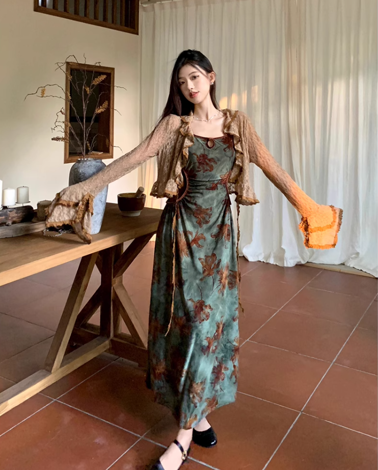 French style retro green printed dress with slim waist and suspenders long dress with lace cardigan R1695