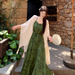 Dark green jacquard dress retro Chinese style suspender long skirt plus cardigan two-piece set R1736