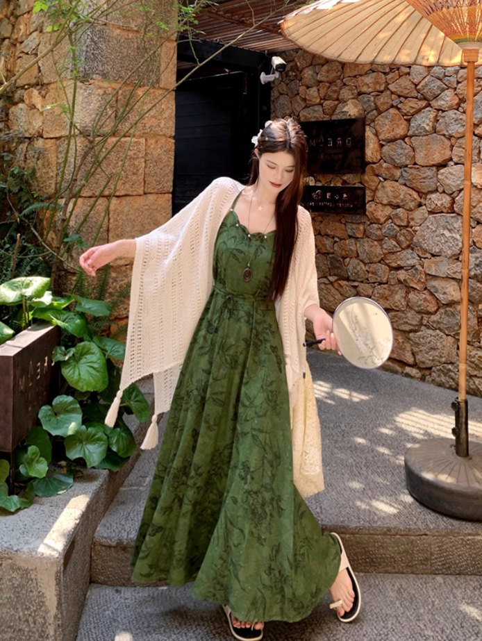 Dark green jacquard dress retro Chinese style suspender long skirt plus cardigan two-piece set R1736