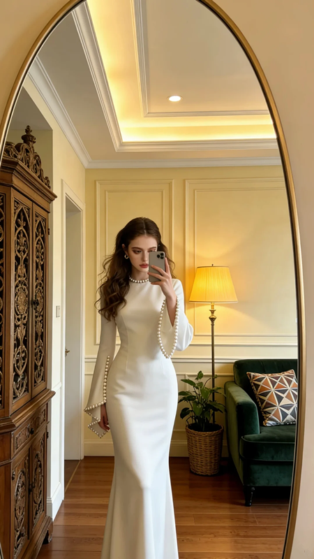 White long-sleeved pearl-embellished fitted bodice ball gown/bridal dress R8604