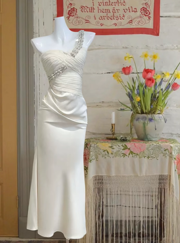 Ivory white one-shoulder beaded pleated fitted long ball gown R6233