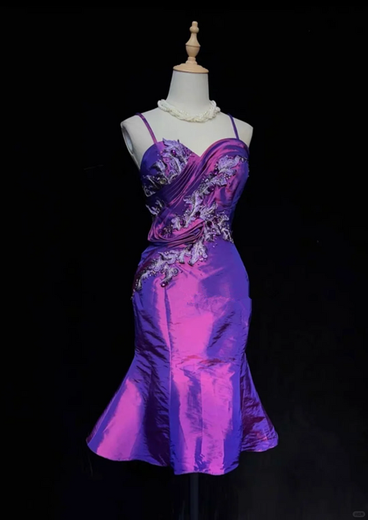 Purple suspender design pleated embroidery waist mid-length fishtail skirt skirt homecoming dress R4939
