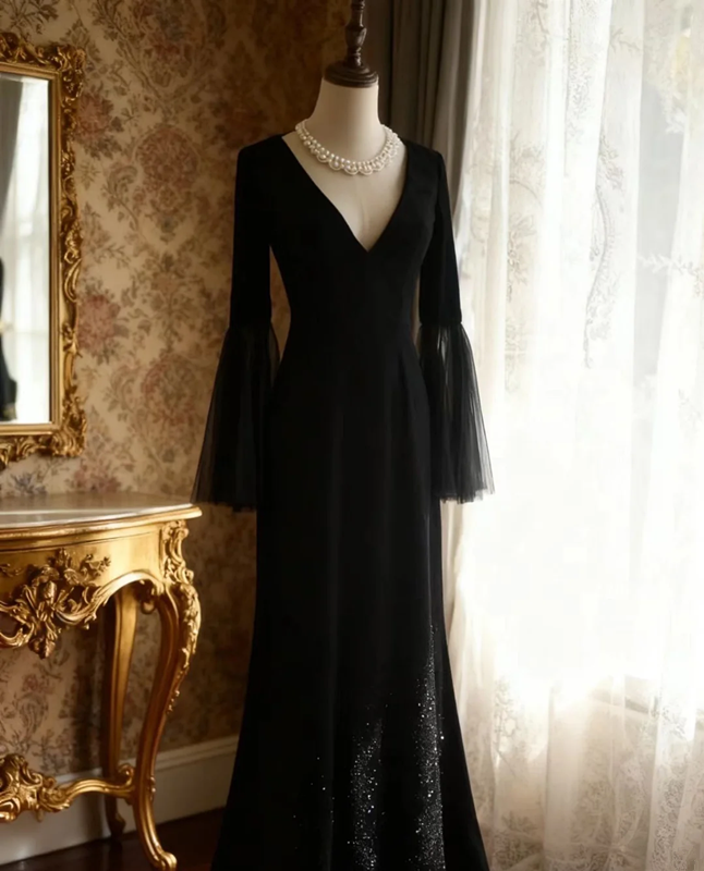 Black V-neck long-sleeved elegant slim-fitting long ball gown R6712