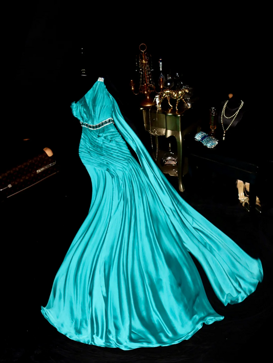 Lake blue, off-shoulder, pleated, fitted, elegant long ball gown R6911