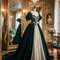 Deep green square-neck waist-cinching slim-fit ballgown long prom dress R7938