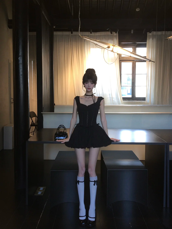 Black suspenders slim waist A-line cute short skirt homecoming dress R5061