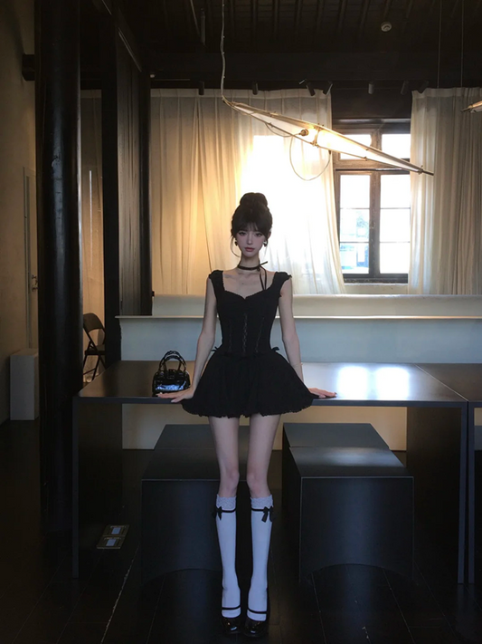 Black suspenders slim waist A-line cute short skirt homecoming dress R5061