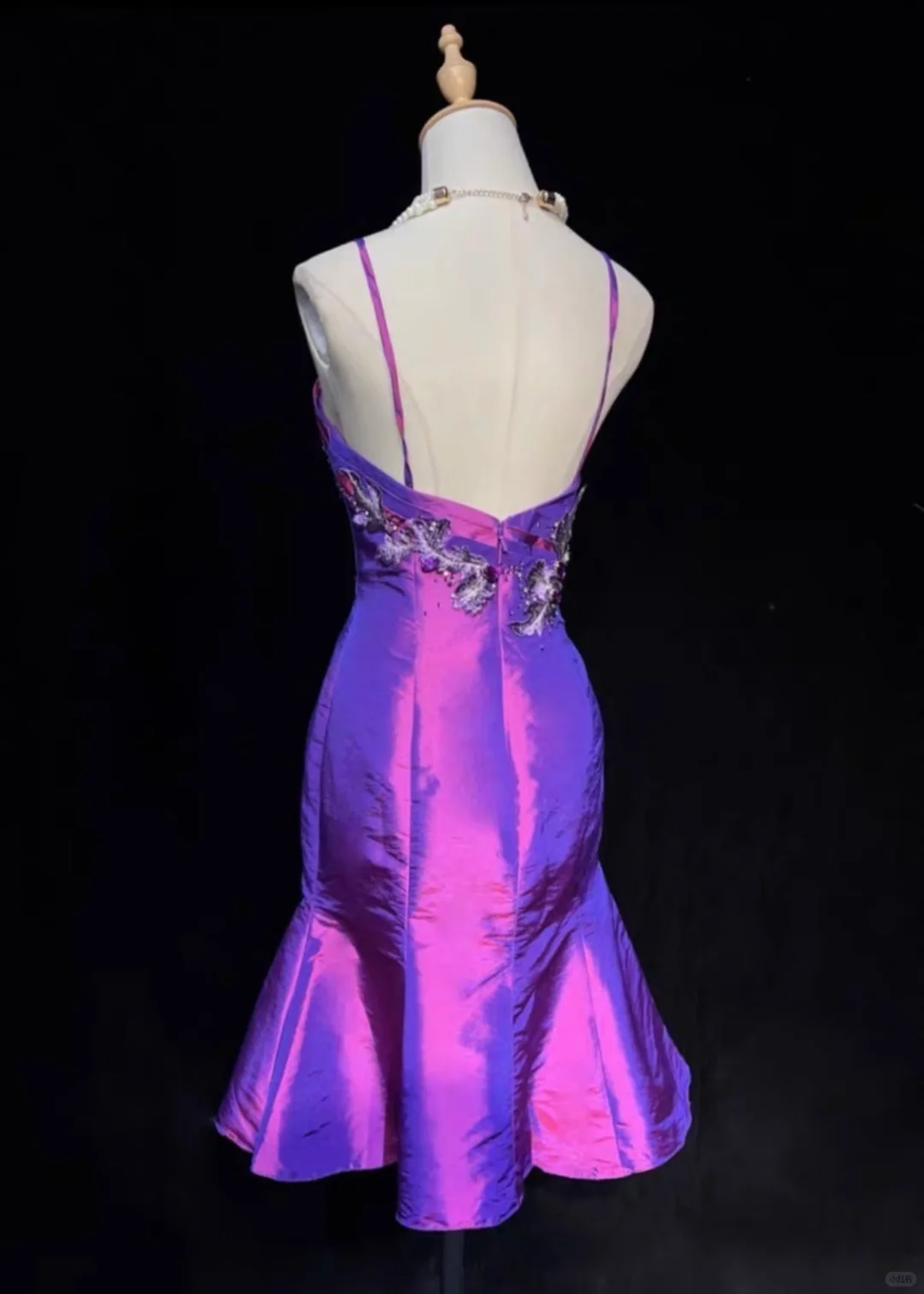 Purple suspender design pleated embroidery waist mid-length fishtail skirt skirt homecoming dress R4939