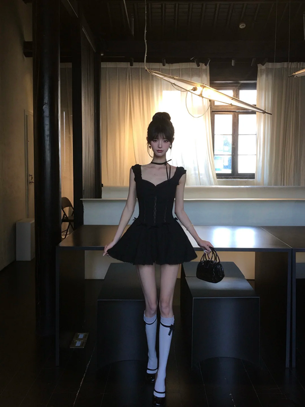 Black suspenders slim waist A-line cute short skirt homecoming dress R5061