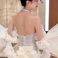 White halter neck three-dimensional flower waist slim pleated hip-wrapped tulle skirt homecoming dress R4209