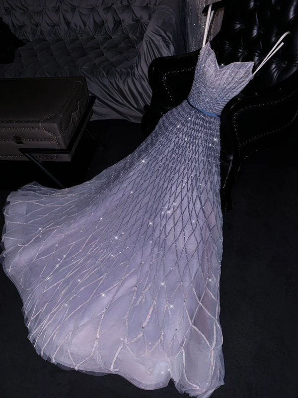 Light gray-blue halter-neck fitted long ball gown, bridal dress R8788