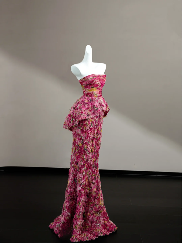 Pink floral tube top sexy long skirt with waist, prom dress R5641