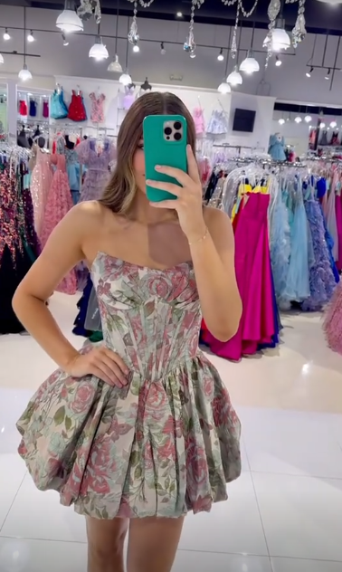Retro Floral Strapless Waisted Tutu Skirt Homecoming Dress R5560