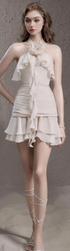 Brown halter neck rose neck chiffon waist slim fit retro short skirt homecoming dress R4692