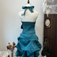 Green halter neck slim waist flower bud skirt short skirt homecoming dress R4248