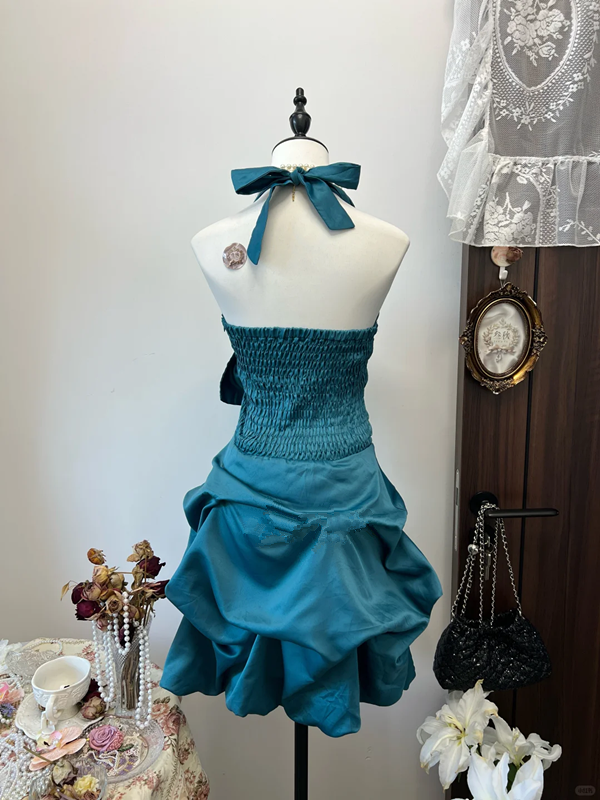 Green halter neck slim waist flower bud skirt short skirt homecoming dress R4248