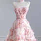 Light pink rose print strapless A-line ball gown/bridal dress with a cinched waist and full skirt R8272