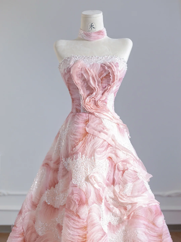 Light pink rose print strapless A-line ball gown/bridal dress with a cinched waist and full skirt R8272