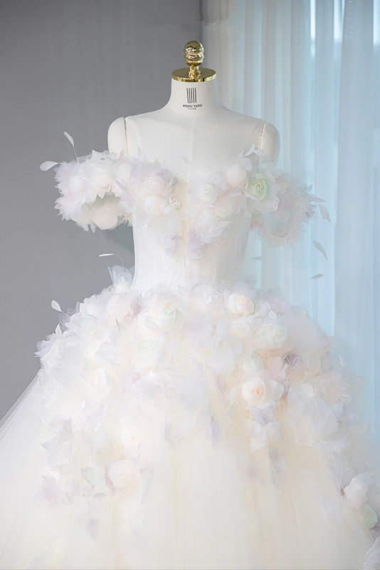 White off-the-shoulder, fitted waist, full skirt, long ball gown, bridal dress R9028