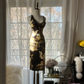Black halter top with gold floral print, fitted waist, classic and elegant long ball gown R7707