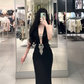 Black halter neck, fitted waist, bodycon, sexy fishtail skirt, long ball gown R7898