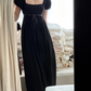 Black square-neck puff-sleeve high-waist elegant prom dress R7977