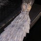 Light apricot sleeveless fitted bodice with a silver tiered skirt, long ball gown/bridal dress R8758