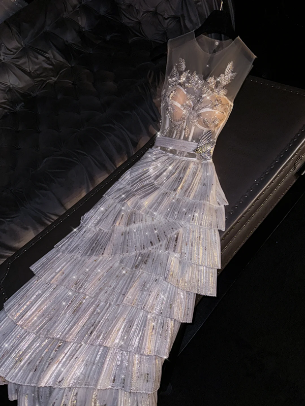 Light apricot sleeveless fitted bodice with a silver tiered skirt, long ball gown/bridal dress R8758