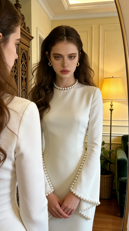 White long-sleeved pearl-embellished fitted bodice ball gown/bridal dress R8604