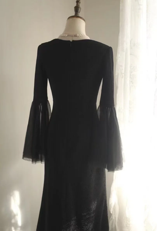 Black V-neck long-sleeved elegant slim-fitting long ball gown R6712
