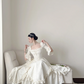 Pearl white square-neck waist-cinched slim-fit elegant vintage long prom gown, wedding dress R8017
