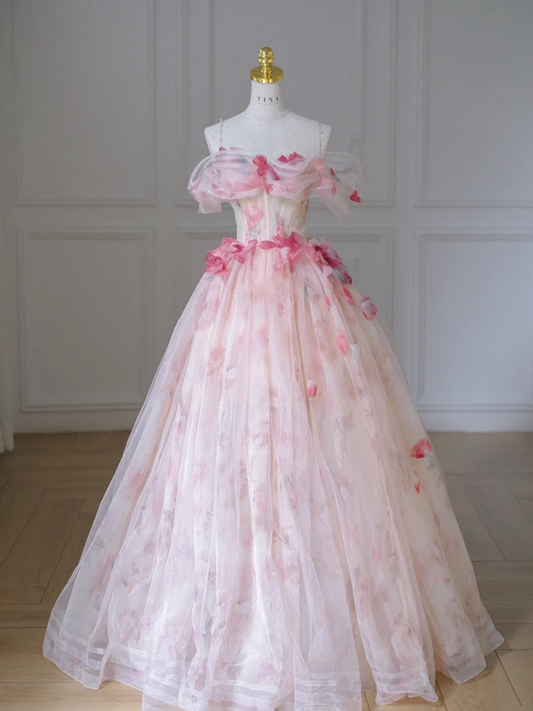 Pink suspender floral waist slim fit puffy A-line maxi ball gown bridal gown R5873