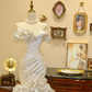 White off-the-shoulder fitted bodice mermaid long wedding dress R6592