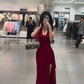 Red halter-neck, fitted waist, and slit long ball gown - sexy and charming R7778